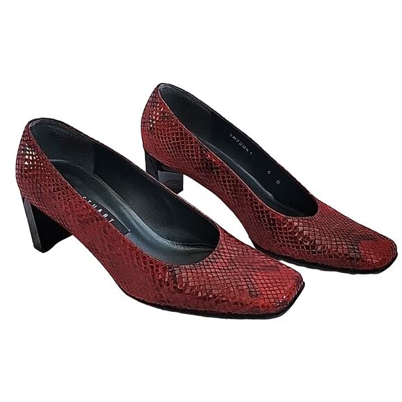 80s Vintage Stuart Weitzman Cherry Red Snakeskin Embossed Leather Heels Size 6 - Picture 1 of 12